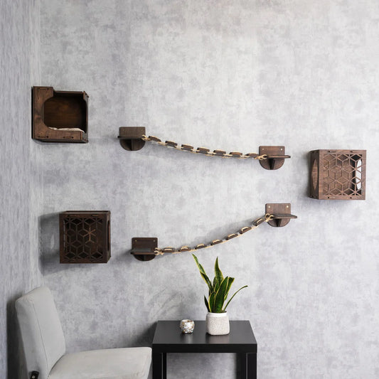 Cat Houses and Bridges: Wooden wall-mounted cat furniture set featuring cubic houses and connecting bridges, creating an elegant climbing and resting space for felines against a light gray wall, with a chair and small table below.