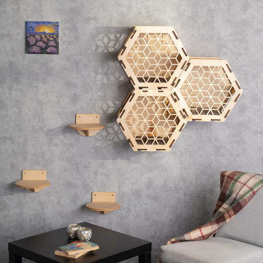 Cat Wall House with Sturdy Steps: Elegant hexagonal wooden cat houses mounted on gray wall with geometric patterns, accompanied by small wooden steps. Stylish and functional design for feline comfort and play.